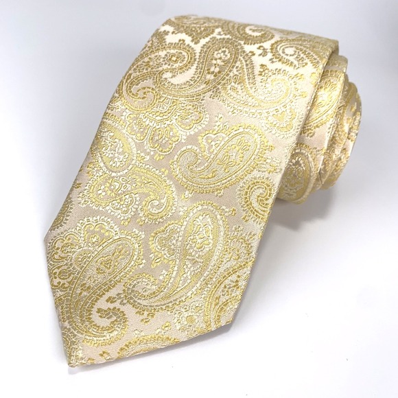 Paul Fredrick Mens Tie Gold on Ivory Large Paisley Design 100% Silk Neckwear - Picture 2 of 6